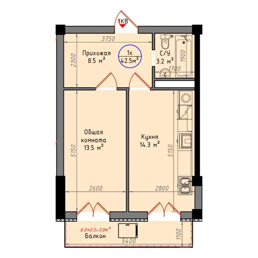 1-xonali xonadon 42.5 m²  2/2 qavat