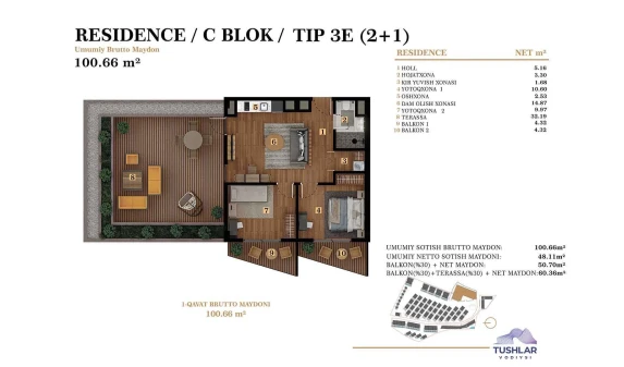 3-xonali xonadon 60.36 m²  2/7 qavat | TUSHLAR VODIYSI Turar-joy majmuasi