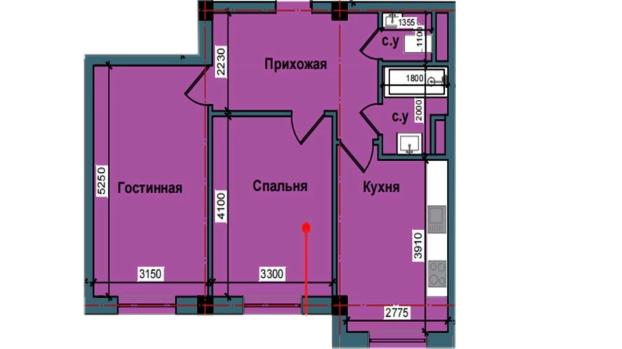 2-комнатная квартира 60 м²  1/1 этаж