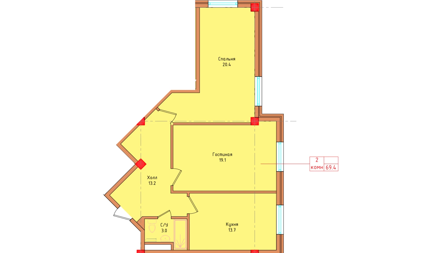 2-комнатная квартира 69.4 м²  1/1 этаж