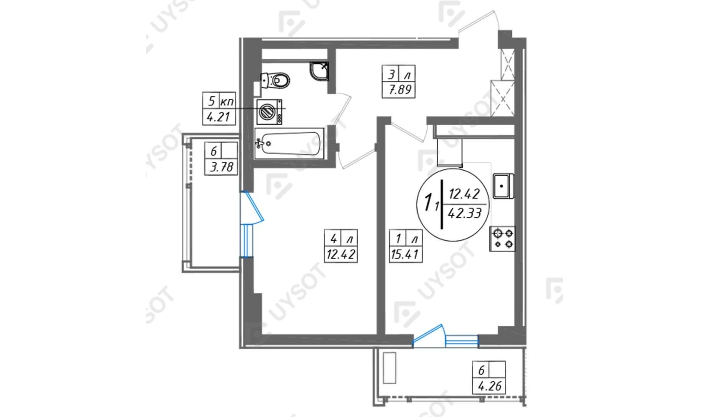 1-комнатная квартира 42.33 м²  10/10 этаж