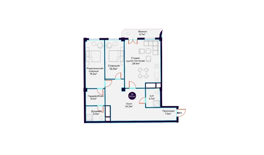 3-xonali xonadon 110.7 m²  12/16 qavat | Havas Premium Turar-joy majmuasi