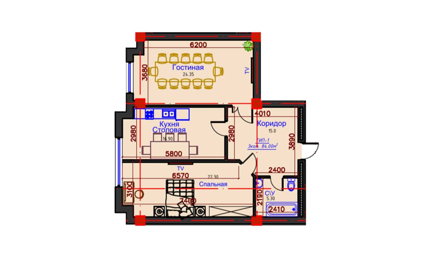 3-xonali xonadon 84 m²  1/1 qavat