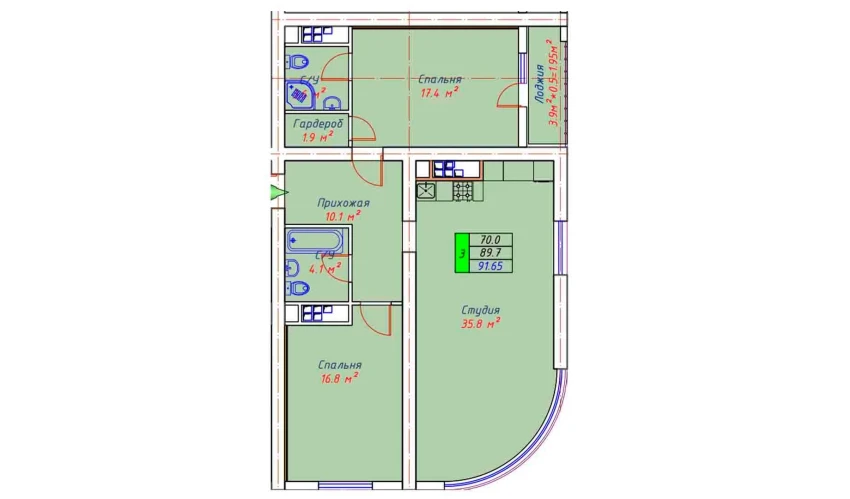 3-xonali xonadon 91.65 m²  28/30 qavat | ECO TOWER Turar-joy majmuasi