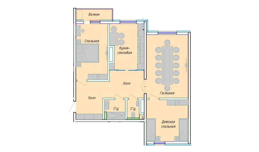 2-комнатная квартира 91.42 м²  9/12 этаж | Жилой комплекс SERGELI CITY