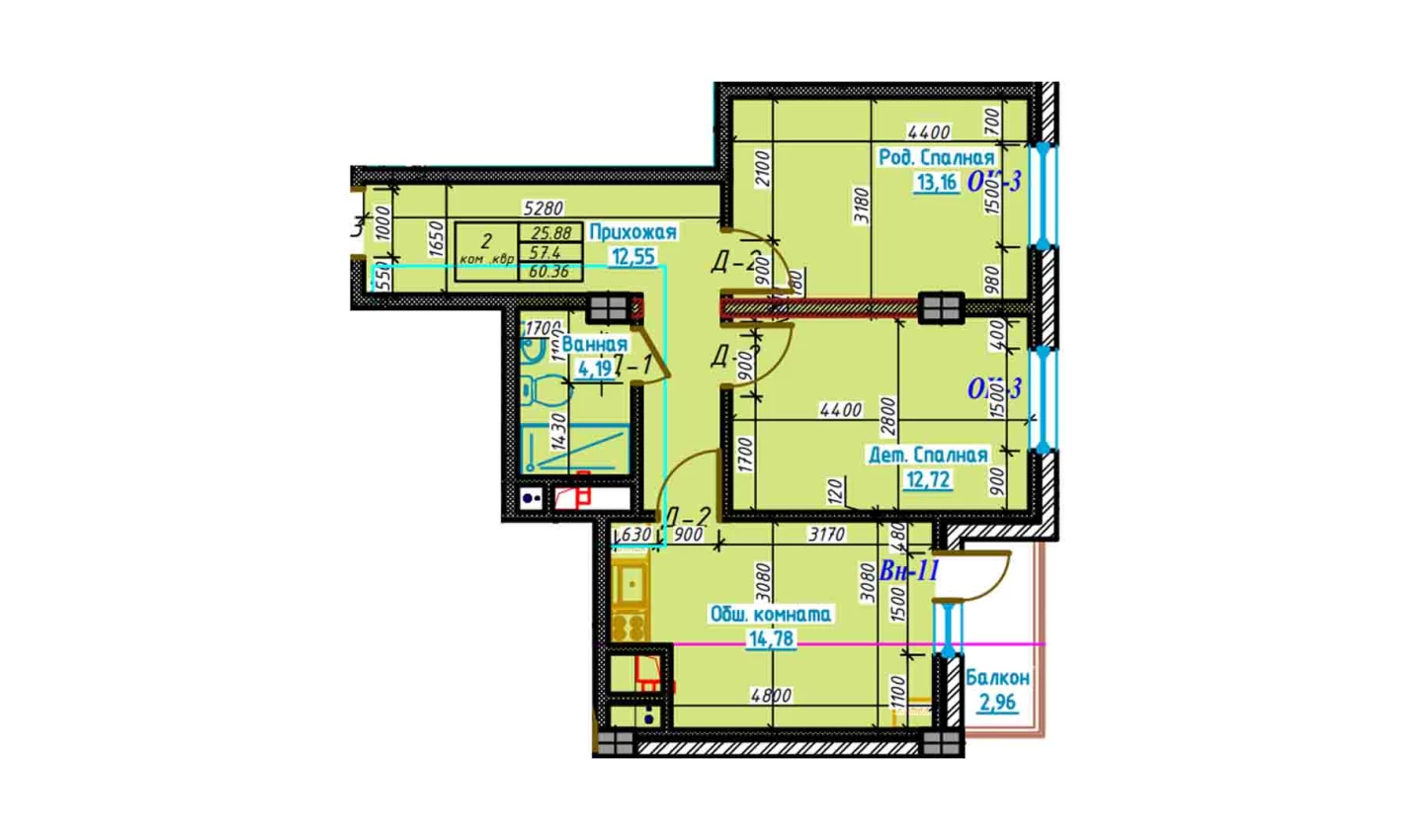 2-комнатная квартира 60.3 м²  3/3 этаж