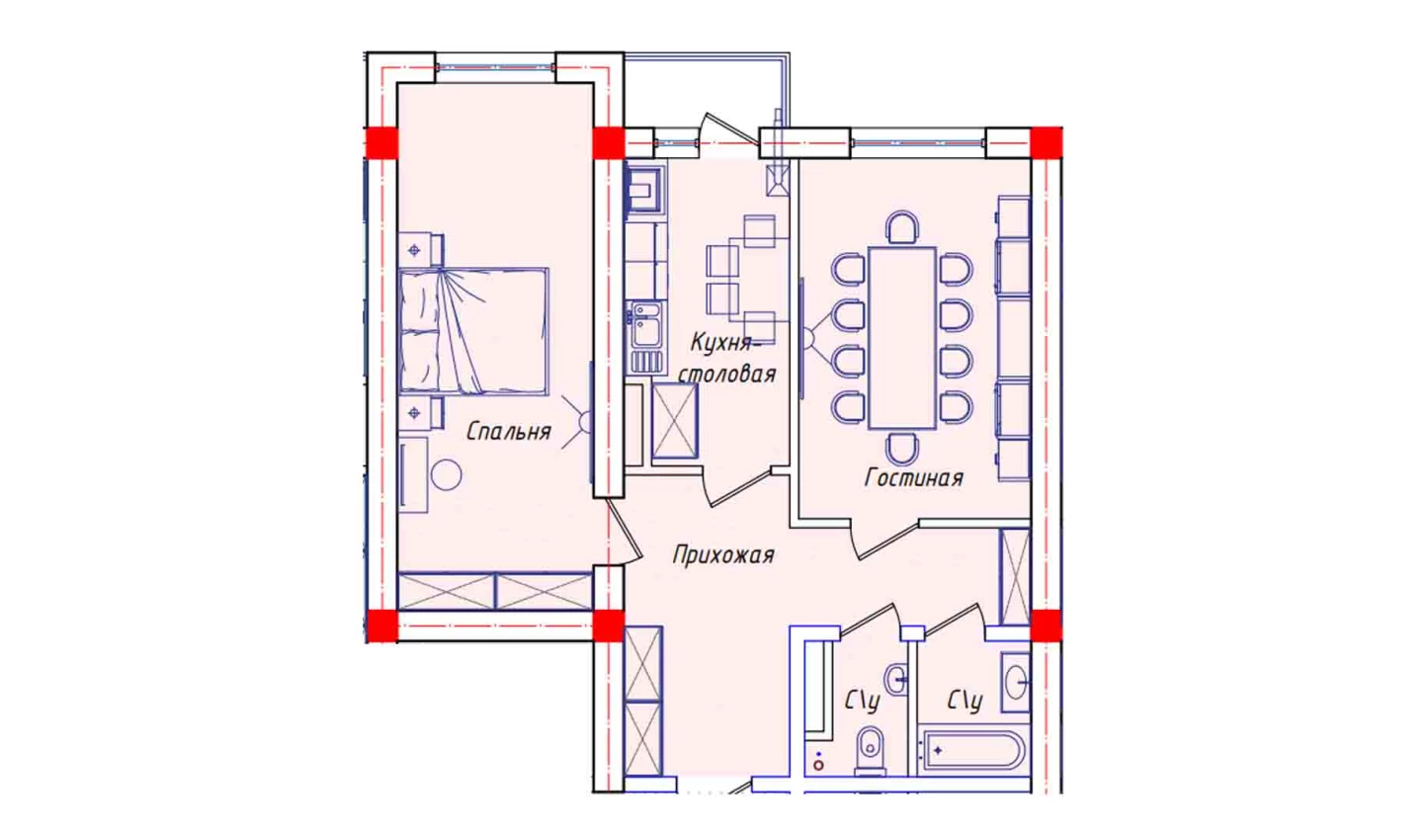 2-комнатная квартира 62.8 м²  3/3 этаж