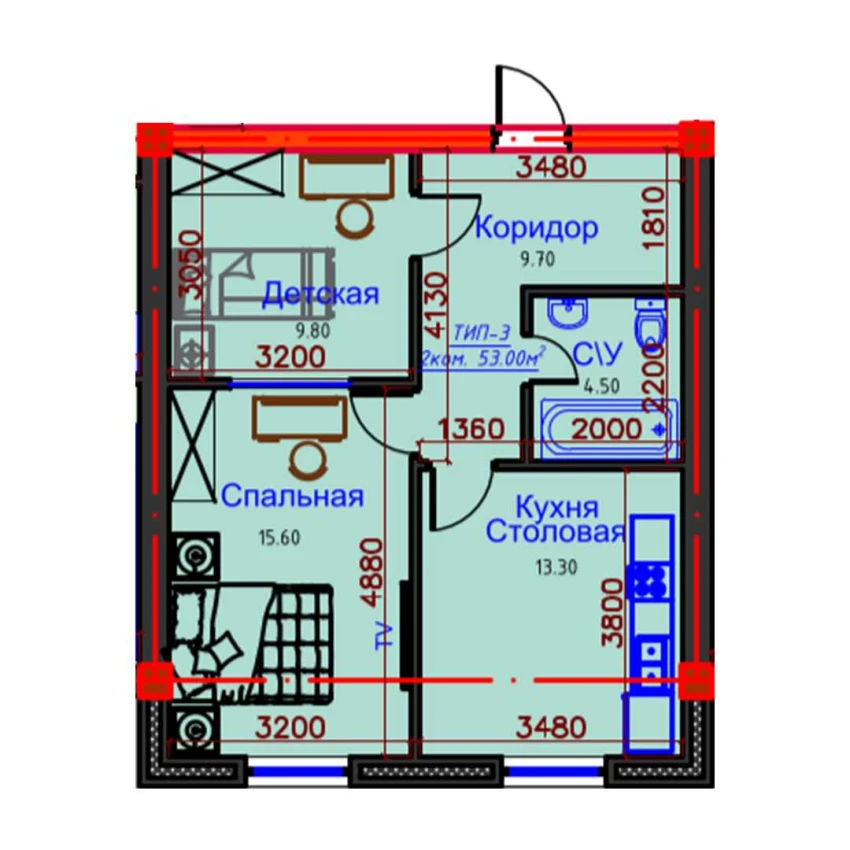 2-комнатная квартира 53 м²  10/10 этаж