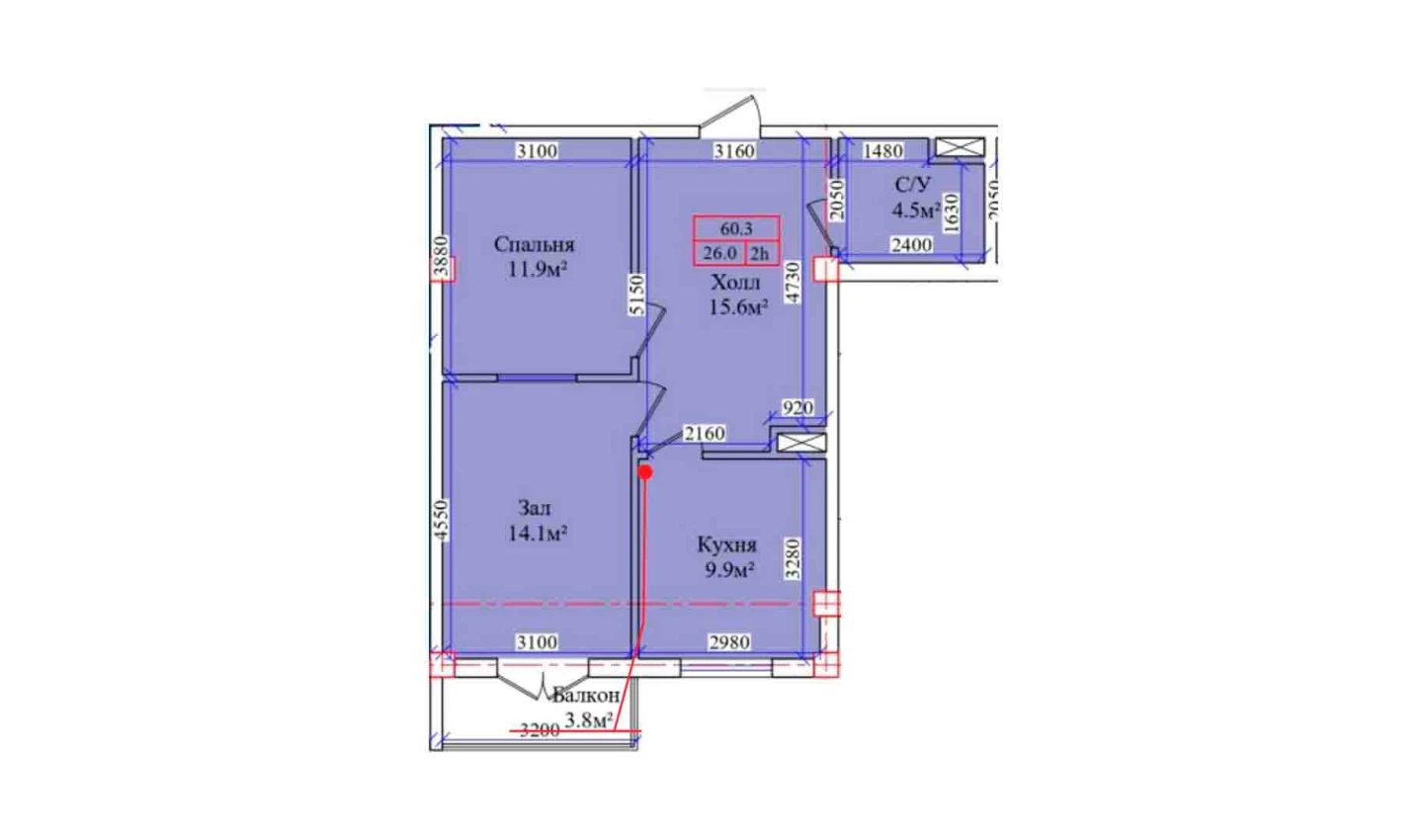 2-комнатная квартира 60.3 м²  6/6 этаж