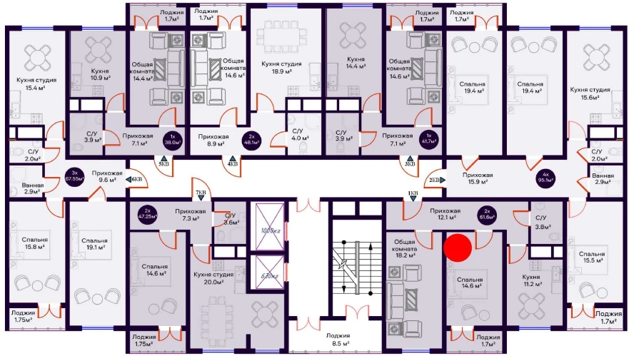 2-комнатная квартира 61.6 м²  8/8 этаж