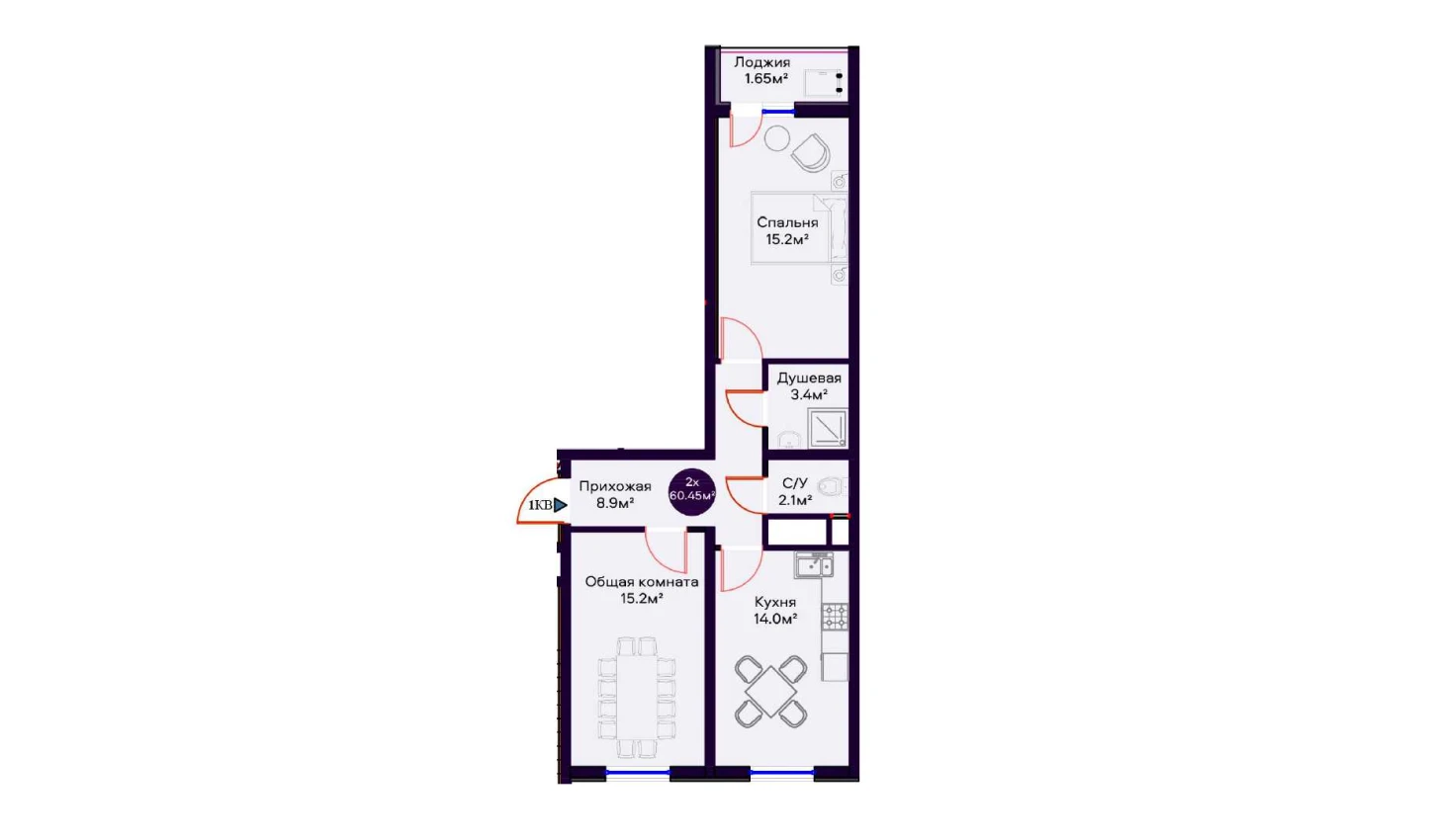 2-xonali xonadon 60.45 m²  15/15 qavat