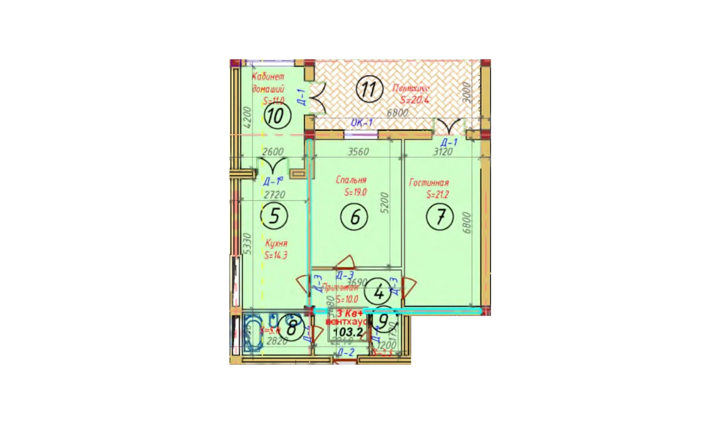 3-xonali xonadon 103.2 m²  2/2 qavat