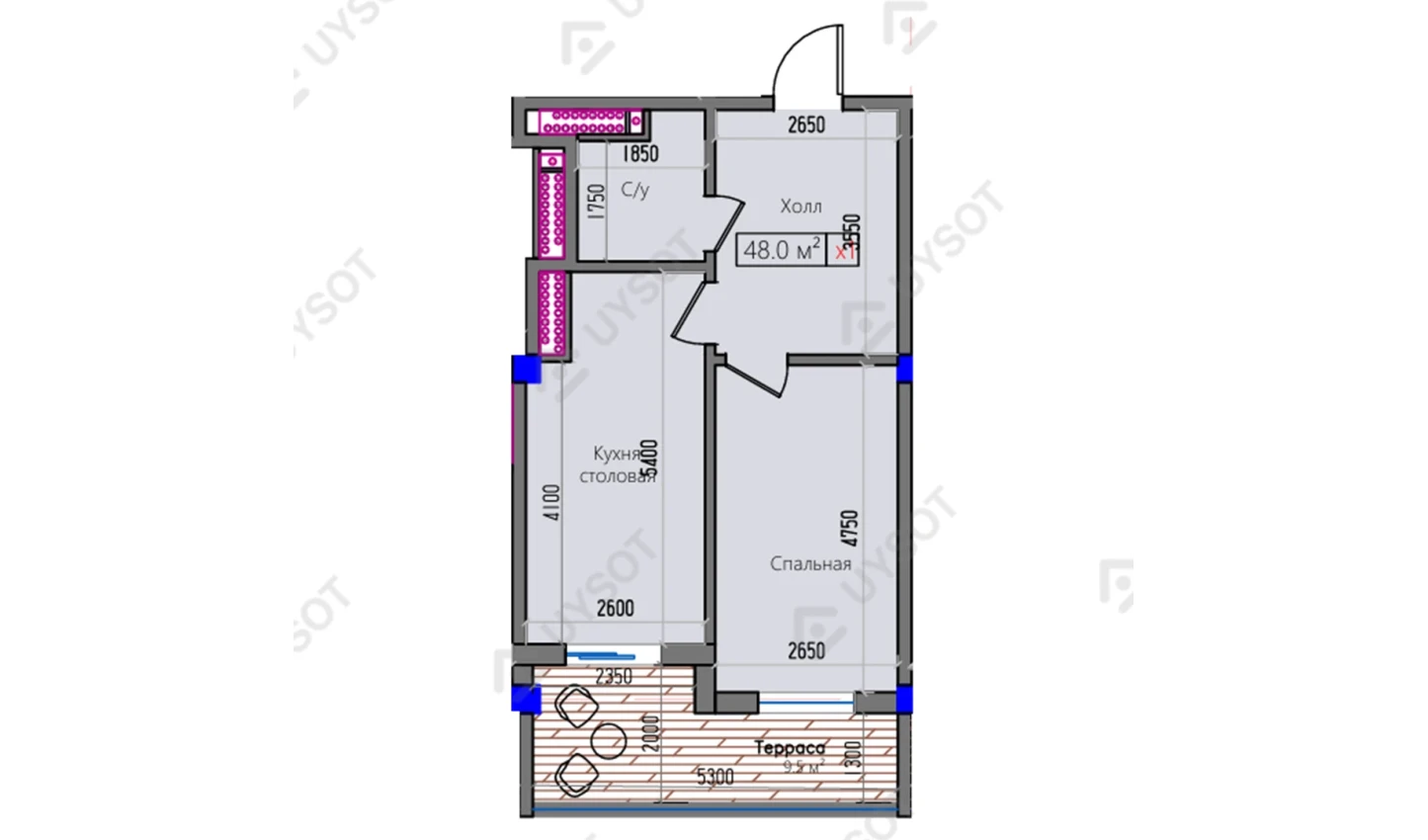 1-комнатная квартира 48 м²  13/13 этаж