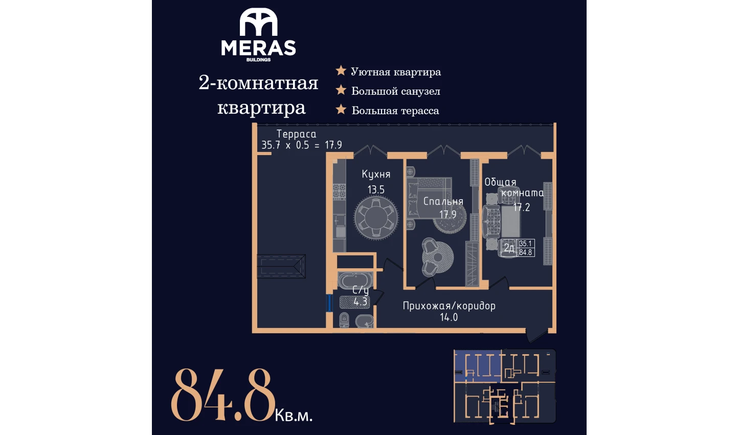 1-комнатная квартира 84.8 м²  17/17 этаж