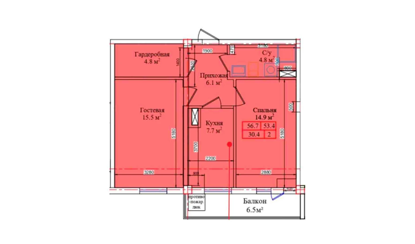 2-xonali xonadon 56.7 m²  9/9 qavat