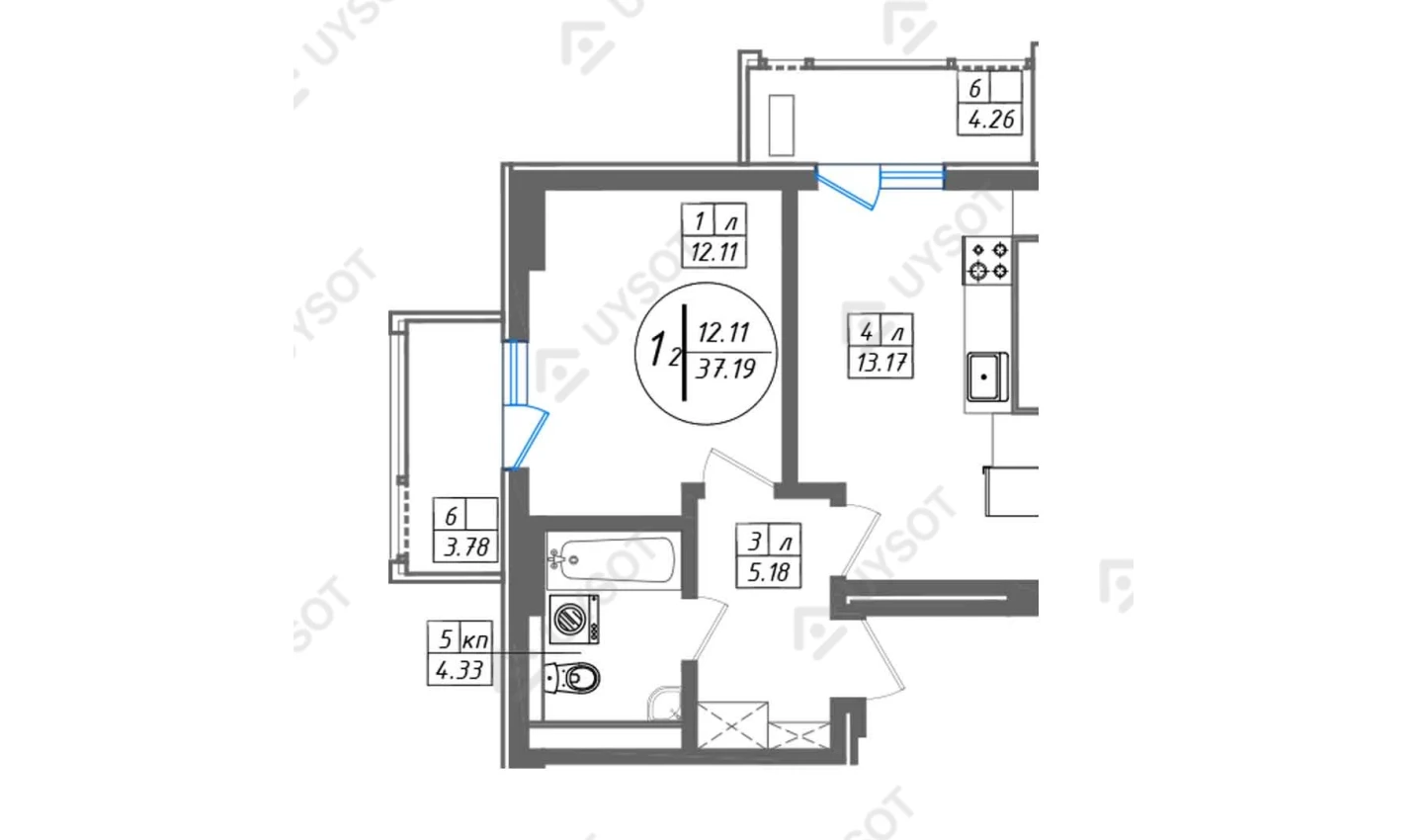 1-комнатная квартира 37.19 м²  6/6 этаж