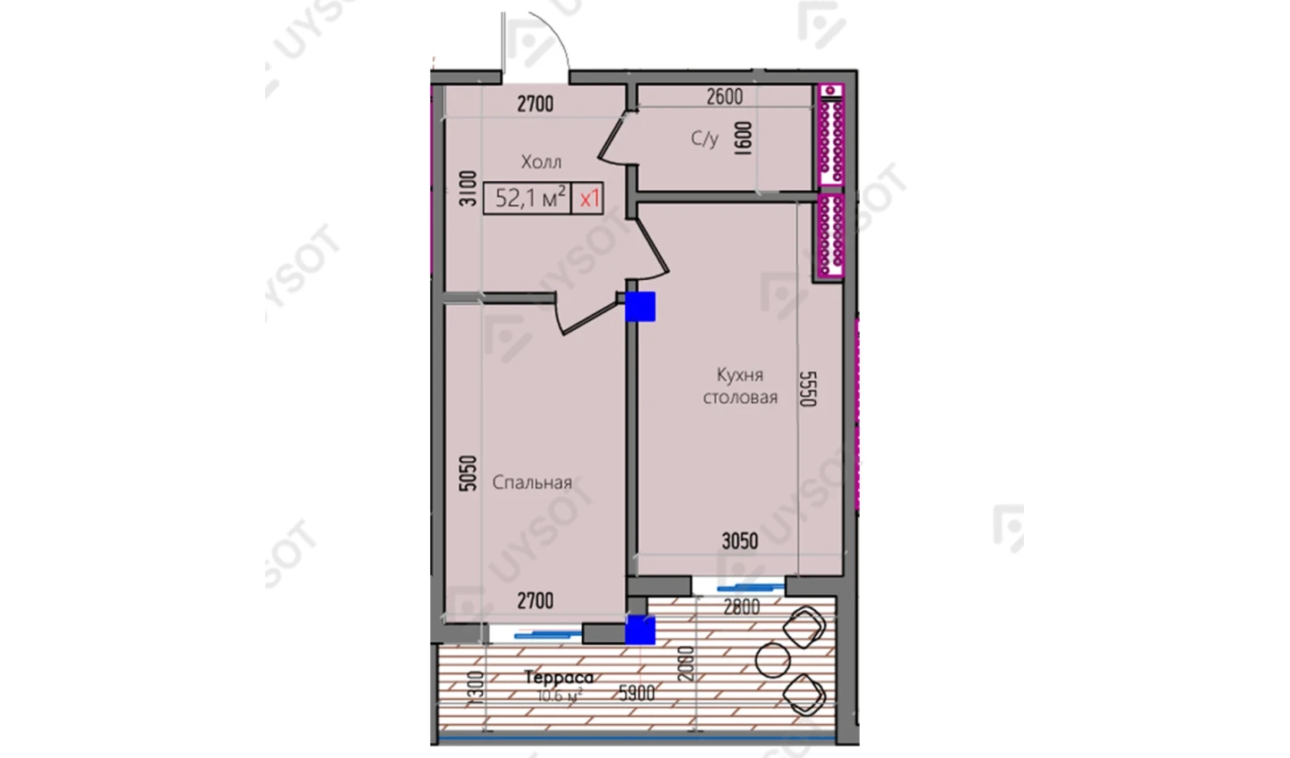 1-комнатная квартира 52.1 м²  3/3 этаж