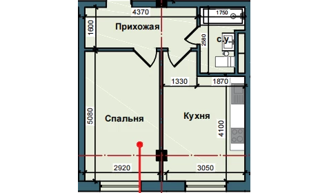 1-xonali xonadon 41.7 m²  1/1 qavat