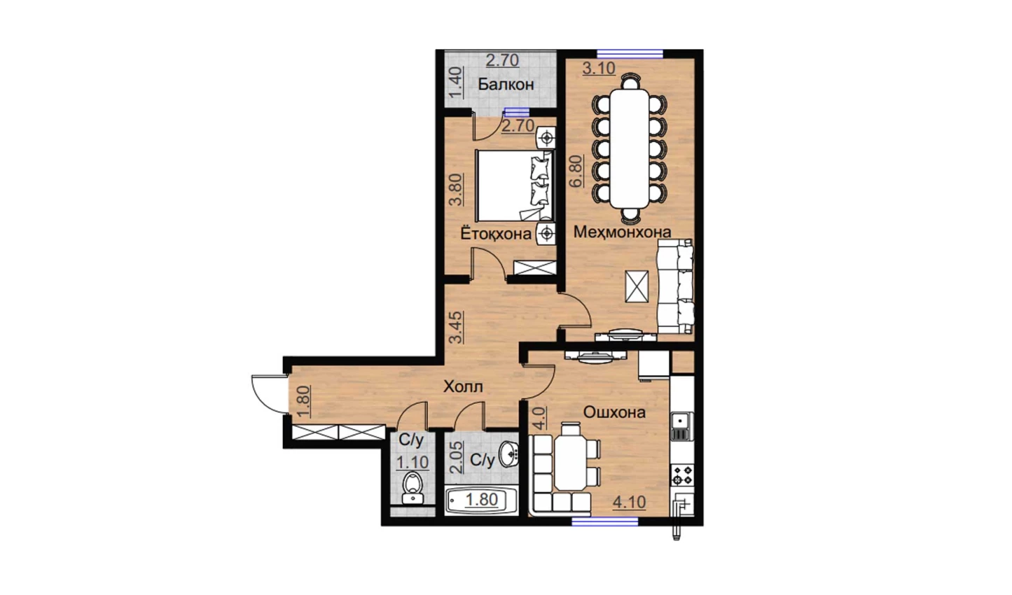 2-комнатная квартира 78.86 м²  9/9 этаж