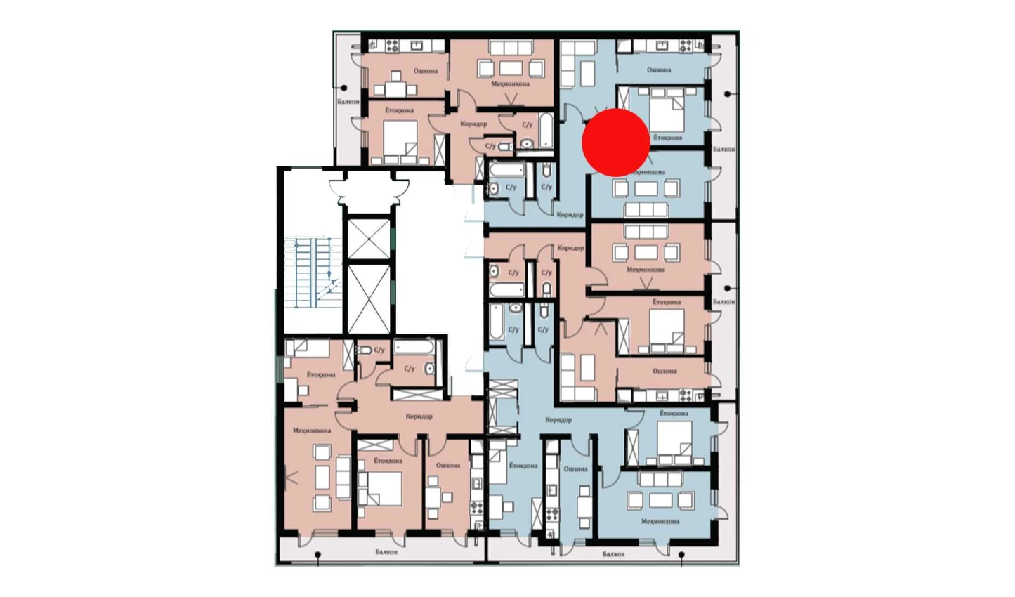 2-xonali xonadon 59.64 m²  11/16 qavat | SOKIN DIYOR Turar-joy majmuasi