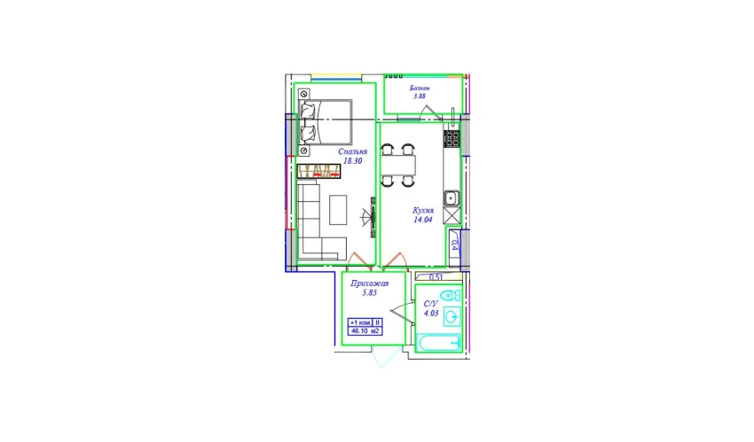 1-комнатная квартира 46.1 м²  10/16 этаж | Жилой комплекс UCHTEPA CITY