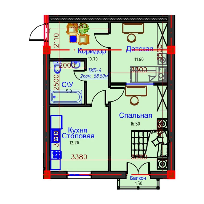 2-комнатная квартира 58.5 м²  10/10 этаж