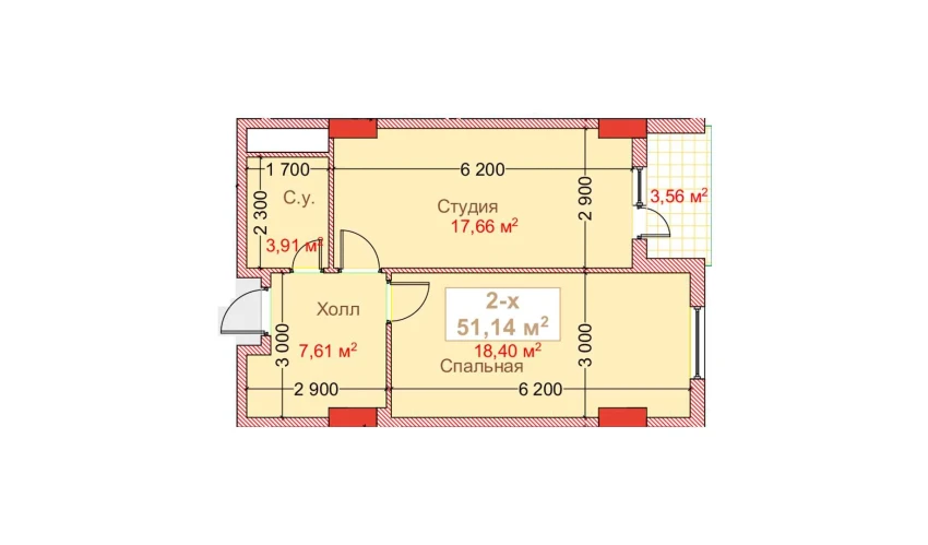 2-комнатная квартира 51.14 м²  4/8 этаж | Жилой комплекс CAPITAL AVENUE