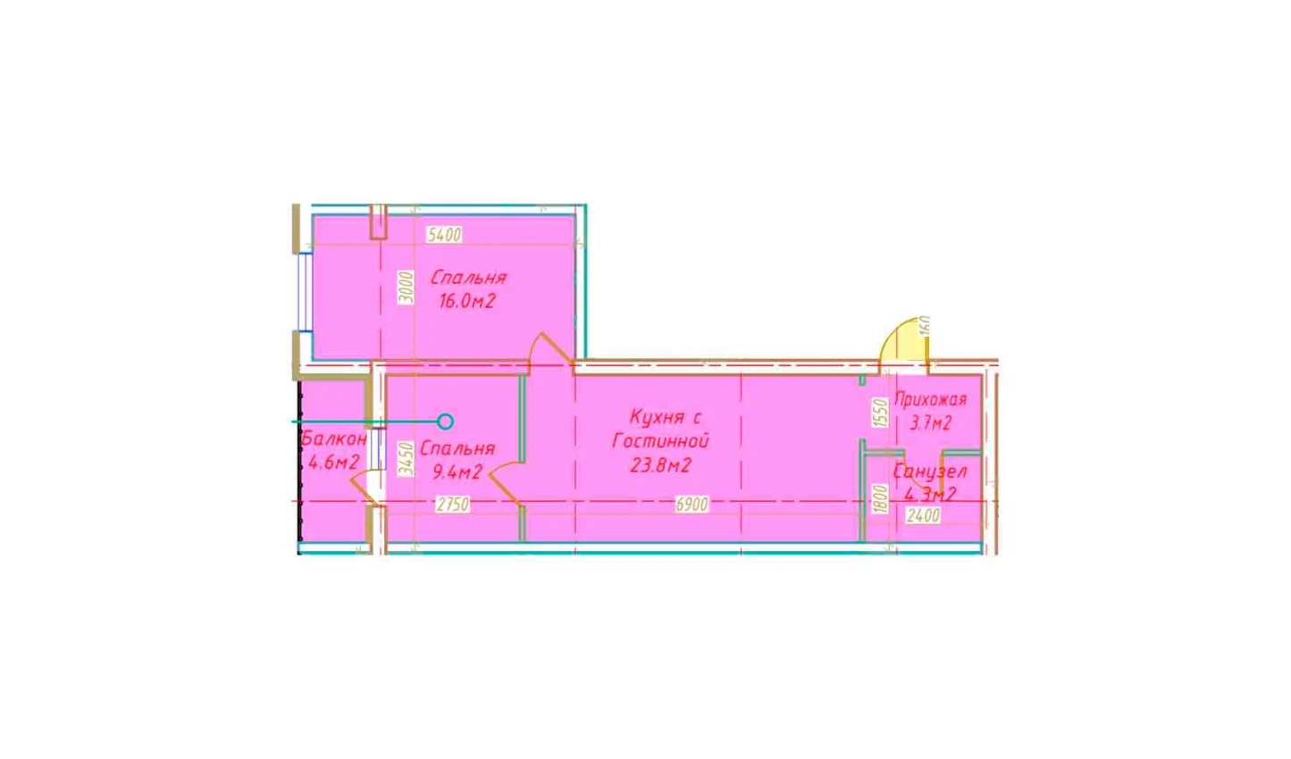 2-xonali xonadon 61.8 m²  3/3 qavat