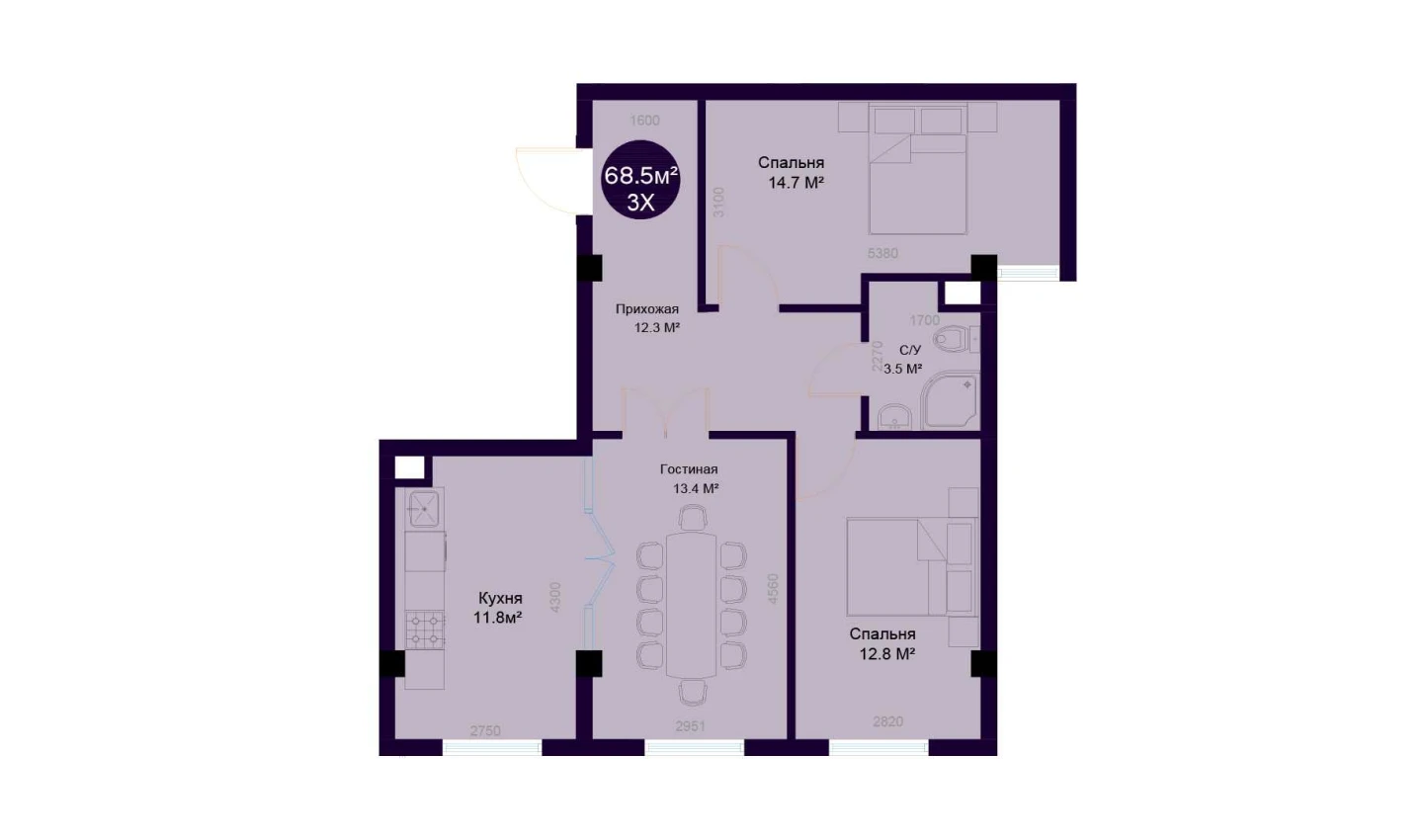 3-комнатная квартира 68.5 м²  1/1 этаж