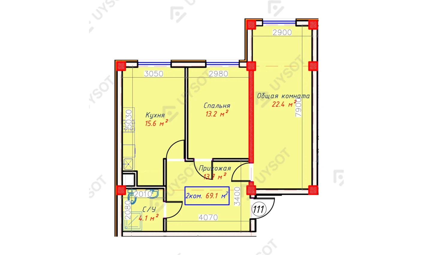 2-комнатная квартира 69.1 м²  1/1 этаж