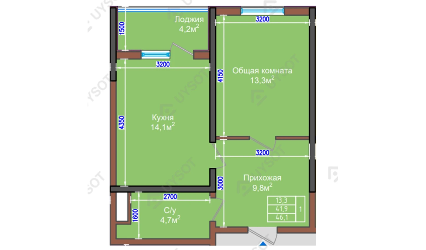 1-комнатная квартира 46.1 м²  2/2 этаж