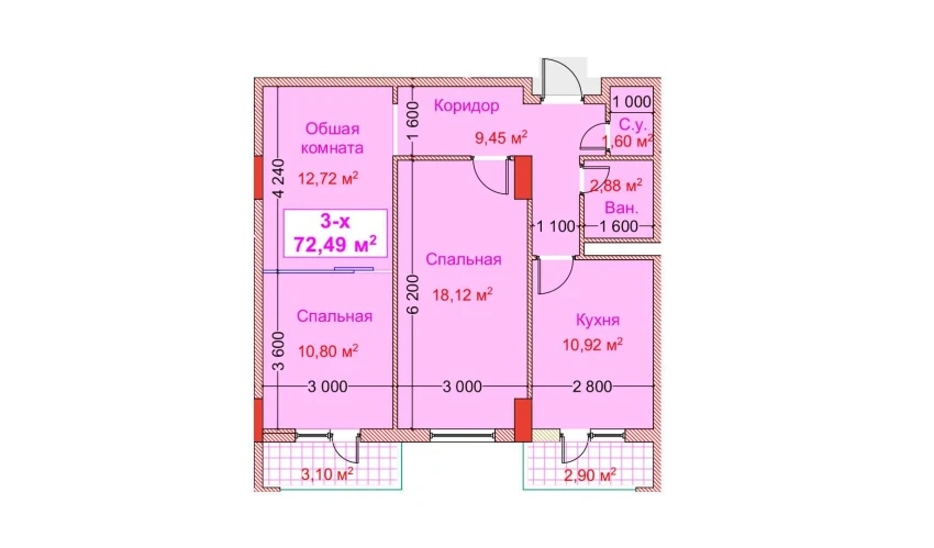 3-xonali xonadon 72.49 m²  8/8 qavat | CAPITAL AVENUE Turar-joy majmuasi