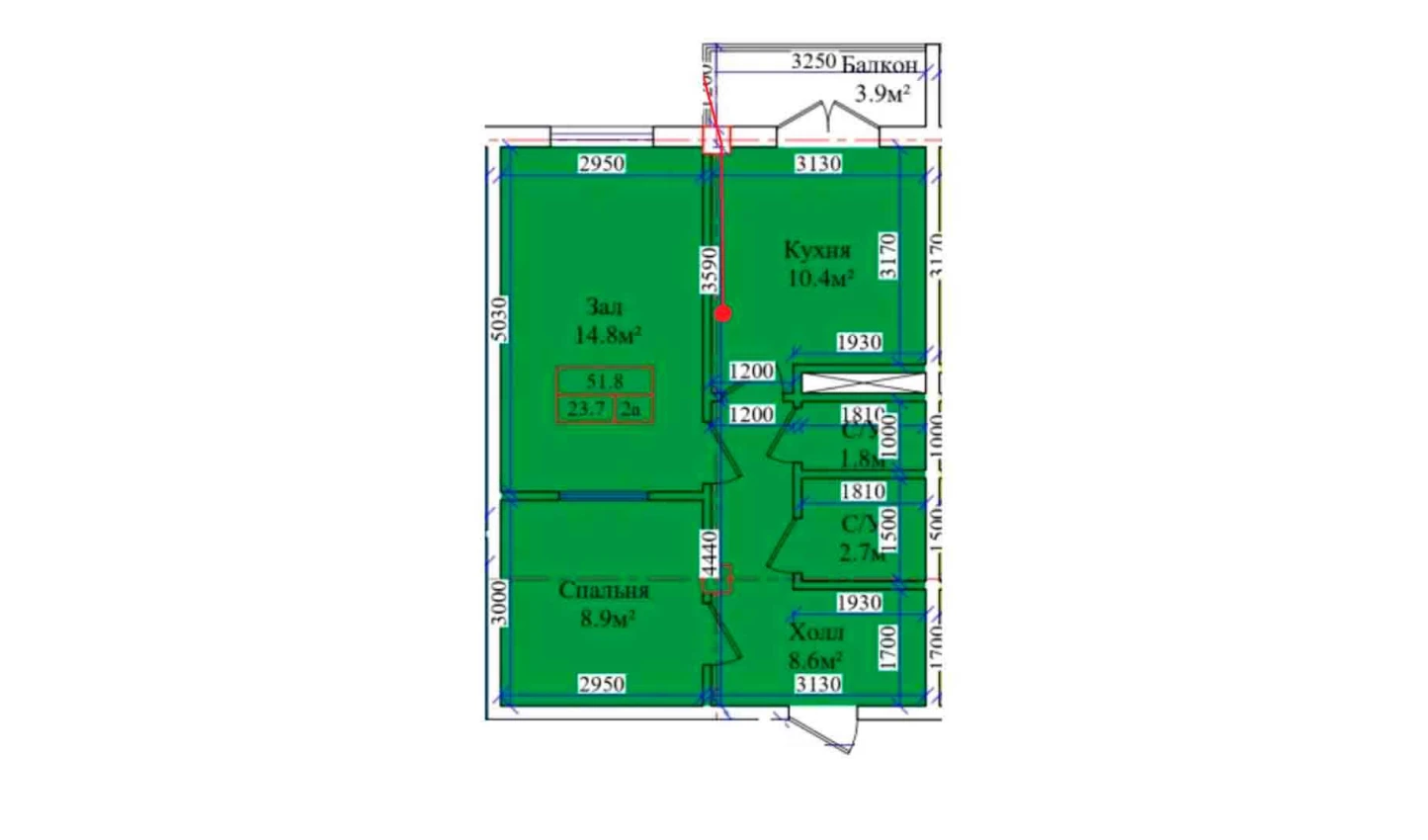 2-комнатная квартира 51.8 м²  5/5 этаж