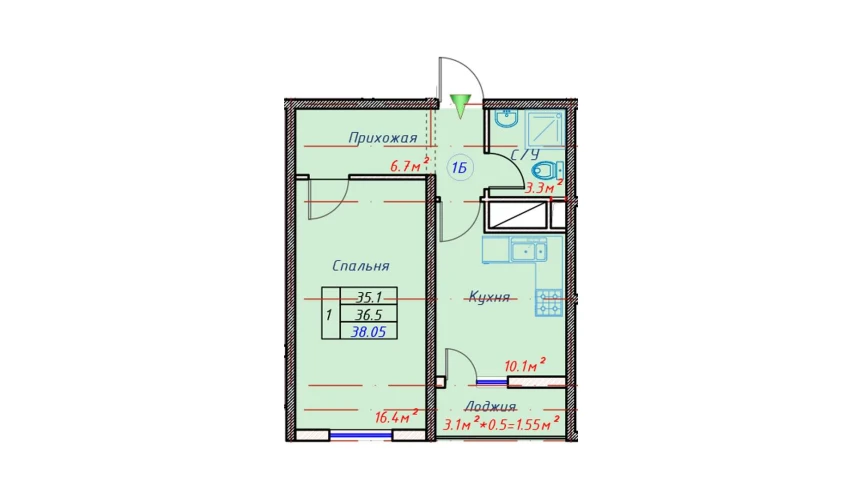 1-комнатная квартира 38.05 м²  13/16 этаж | Жилой комплекс TRINITY