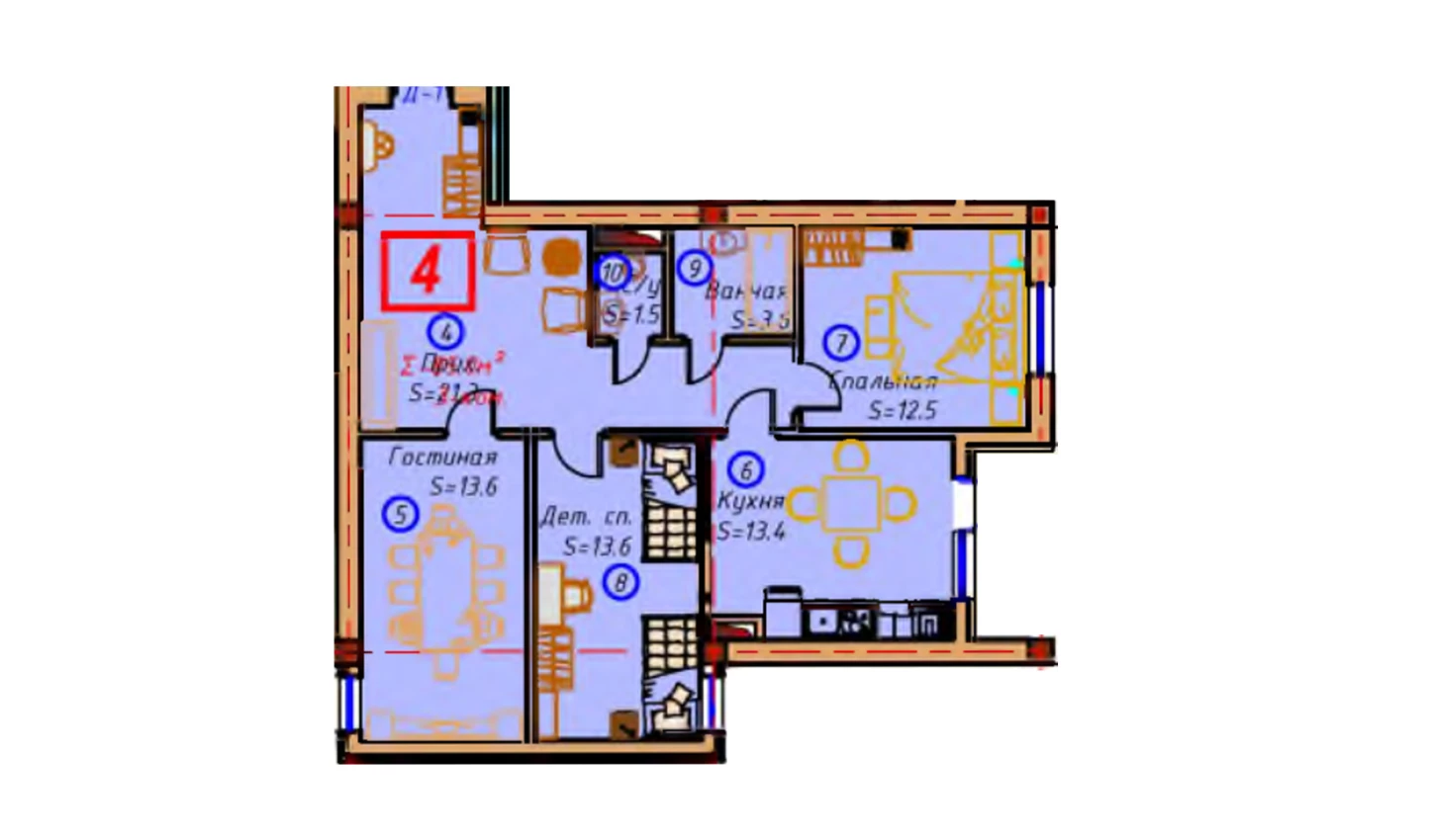 3-комнатная квартира 85 м²  4/4 этаж