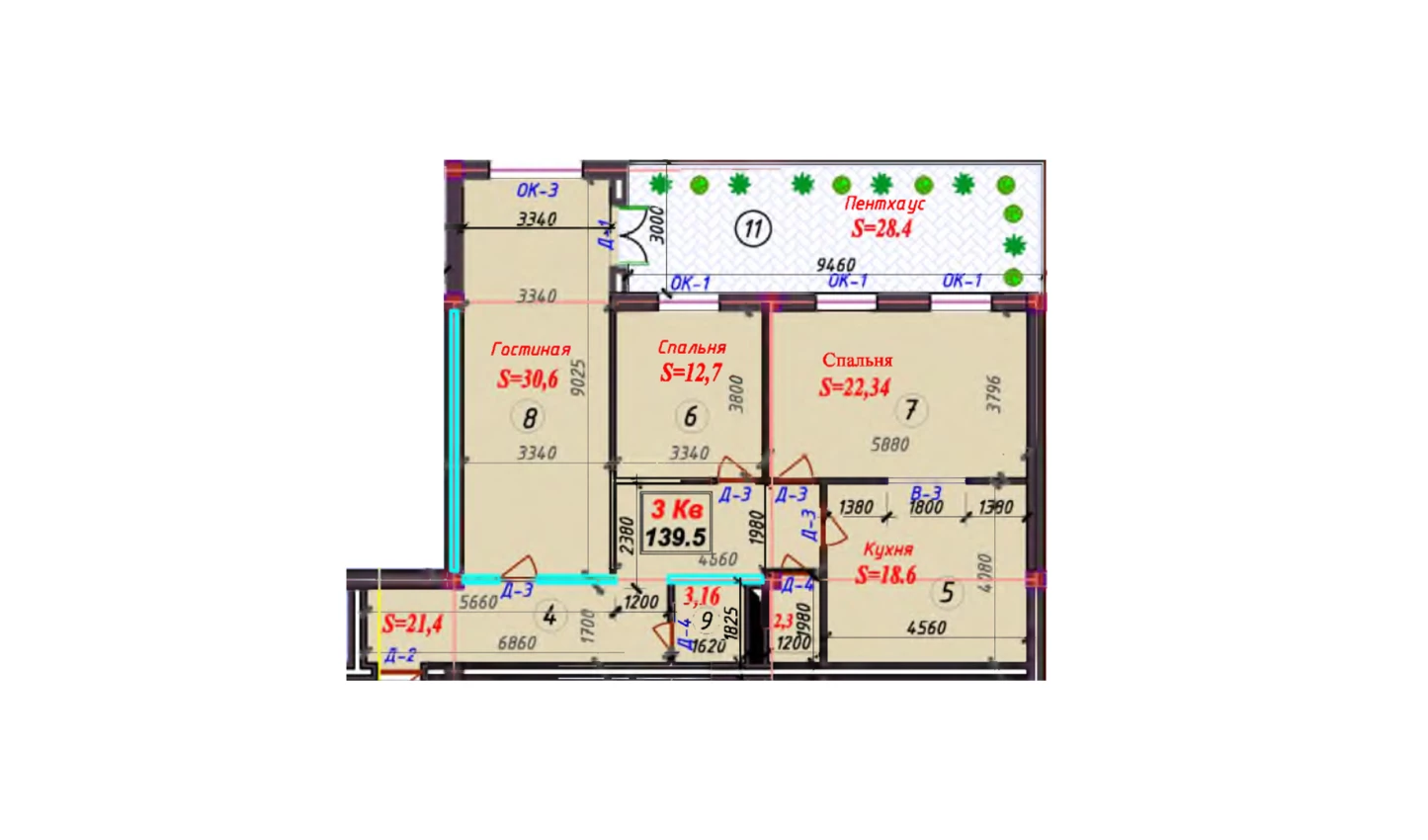 3-комнатная квартира 139.5 м²  2/2 этаж