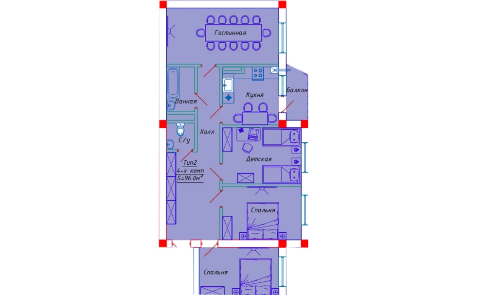 4-комнатная квартира 96 м²  4/4 этаж