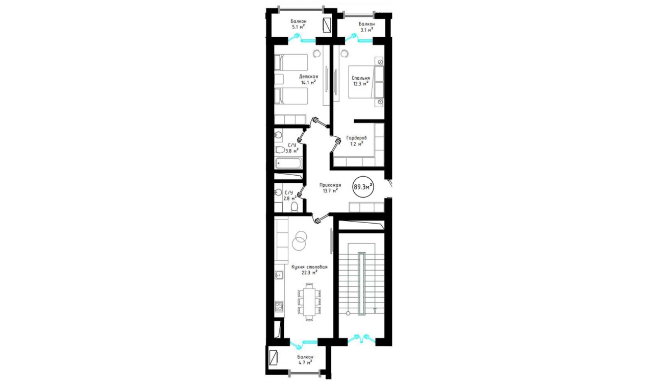 2-xonali xonadon 89.3 m²  6/6 qavat