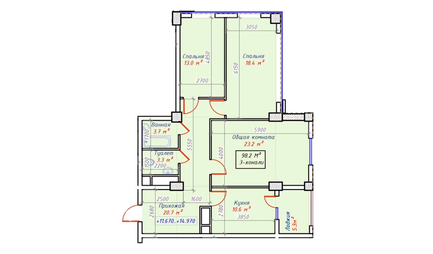 3-комнатная квартира 98.2 м²  10/10 этаж