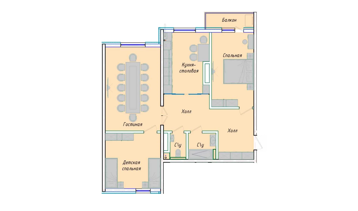 3-комнатная квартира 87.34 м²  1/1 этаж