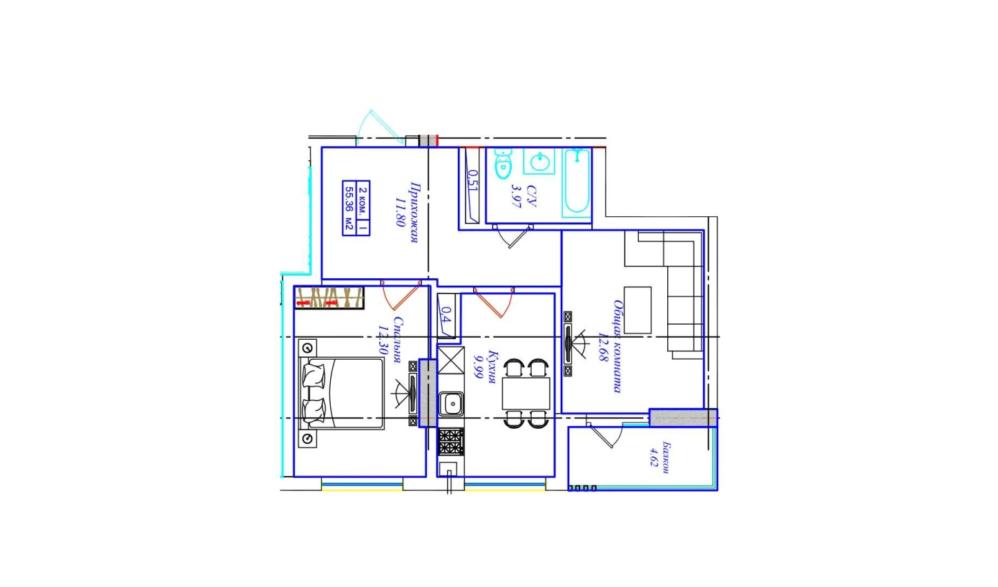 2-xonali xonadon 55.36 m²  6/6 qavat