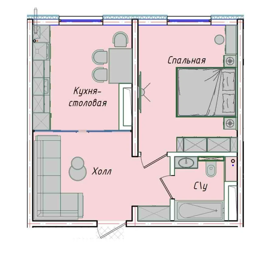 1-комнатная квартира 43.98 м²  1/1 этаж