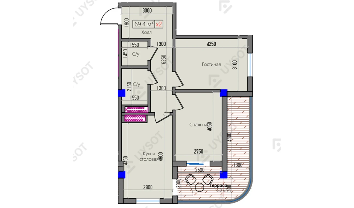 2-комнатная квартира 69.4 м²  4/4 этаж