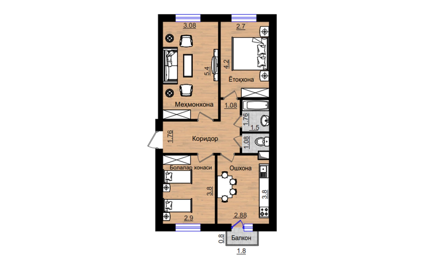 3-комнатная квартира 74.08 м²  2/2 этаж