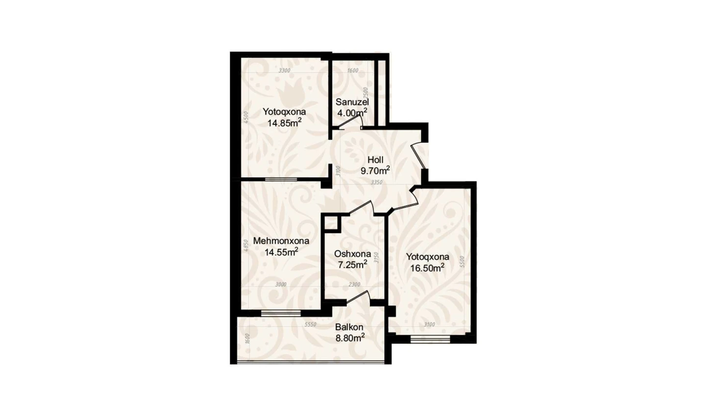 3-комнатная квартира 77 м²  1/1 этаж