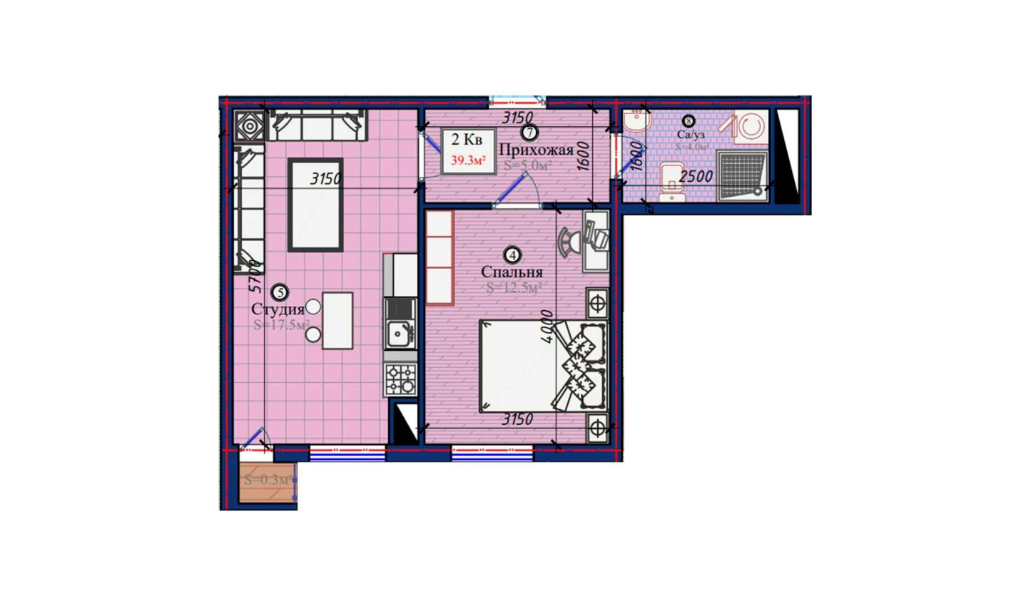 2-комнатная квартира 39.3 м²  3/3 этаж