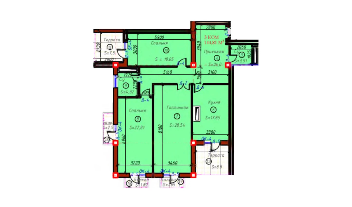 3-комнатная квартира 144.81 м²  6/6 этаж