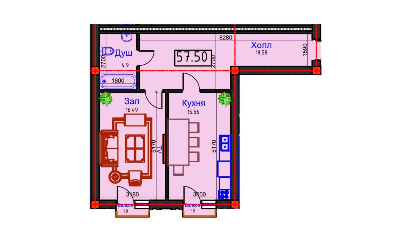 1-комнатная квартира 57.5 м²  6/6 этаж