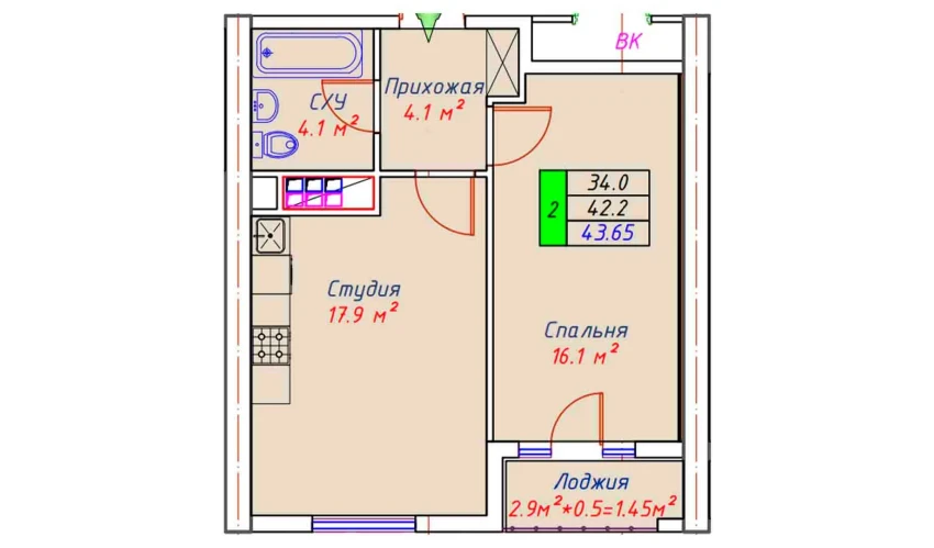 2-xonali xonadon 43.65 m²  3/30 qavat | ECO TOWER Turar-joy majmuasi