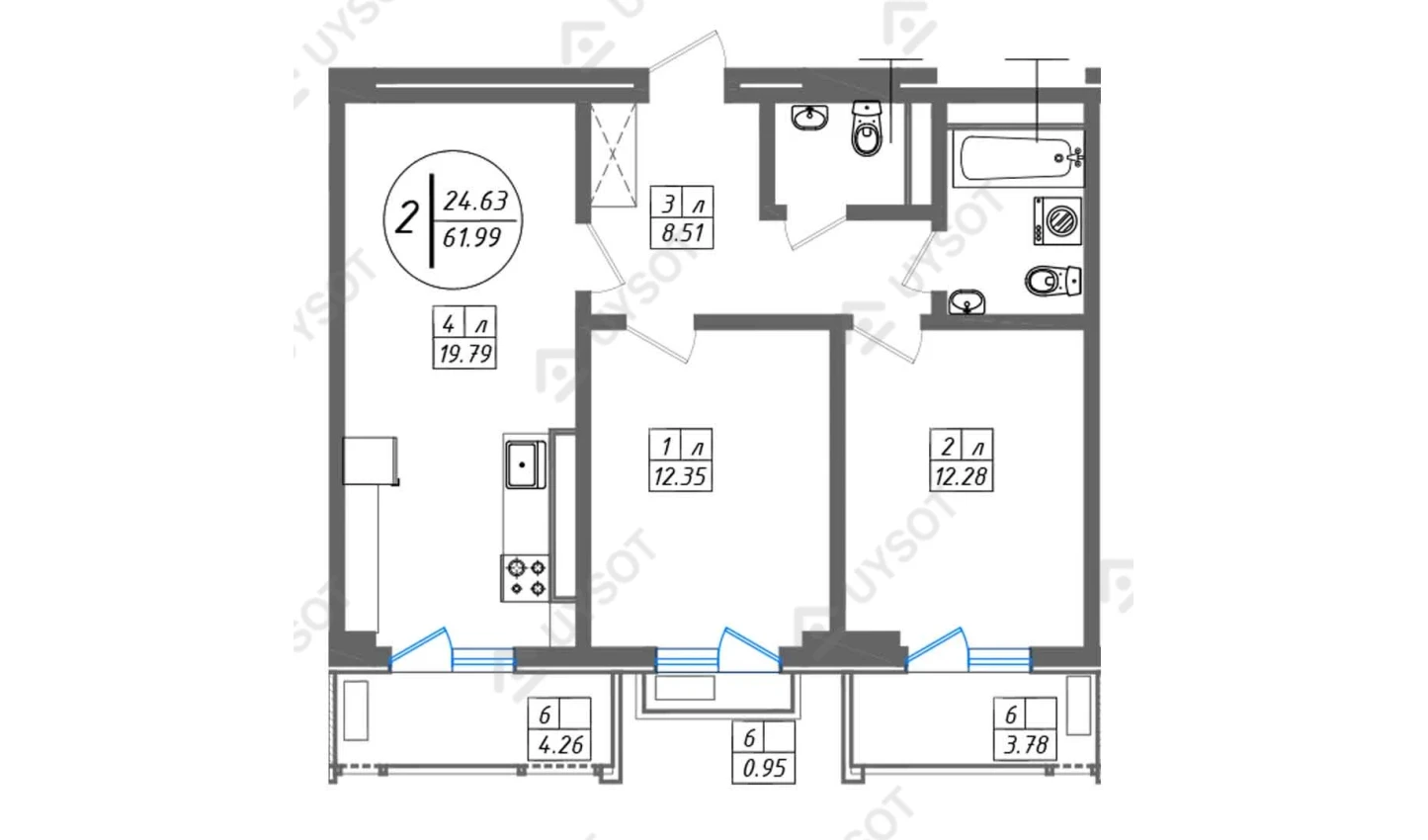 2-комнатная квартира 61.99 м²  10/10 этаж